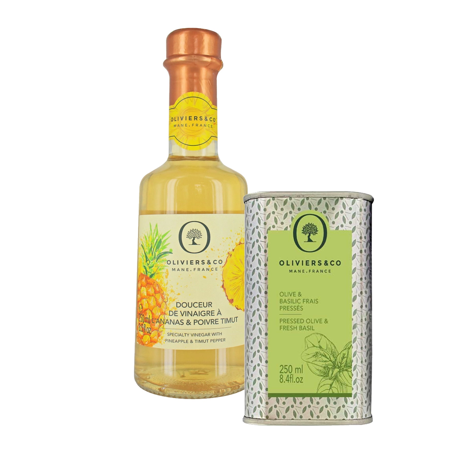 Olie eddike sæt 250 ml basilikumolie og 250 ml ananaseddike fra Oliviers & Co