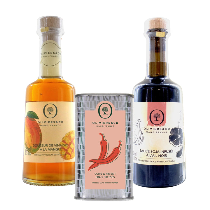 Asiatiske favoritter, chiliolie, mangoeddike og soya med sort hvidløg, Oliviers & Co