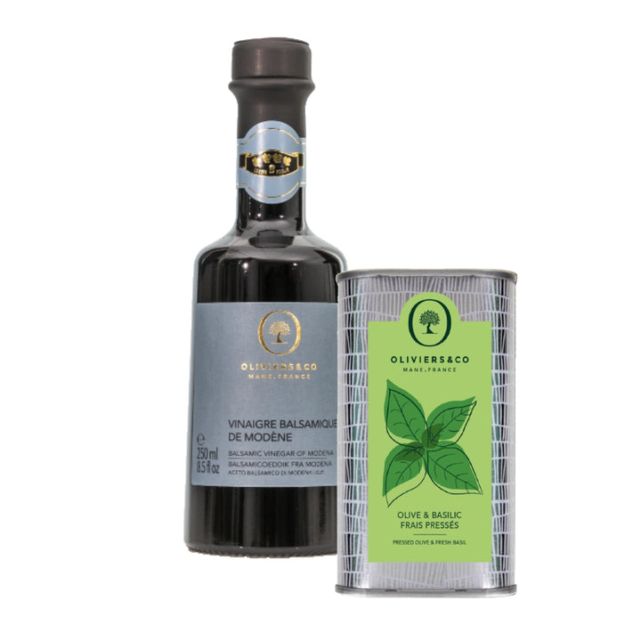 Olie & eddikesæt basilikumolie 250 ml, premium lagret balsamico 250 ml, Oliviers & Co
