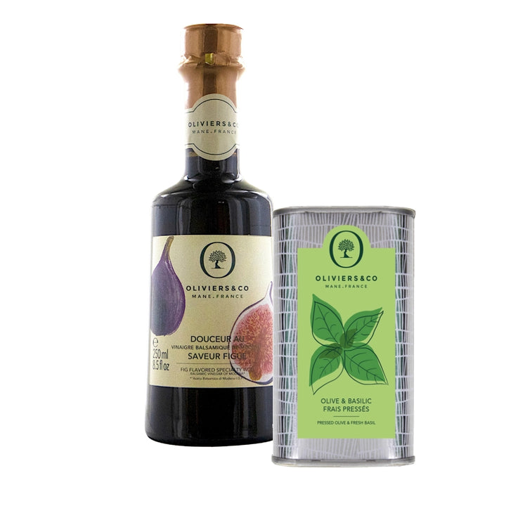 Olie og eddikesæt basilikumolie og figenbalsamico, lille sæt, Oliviers & Co