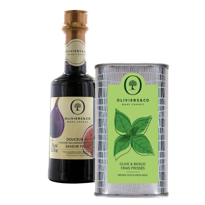 Basilikumolie og figenbalsamico, stort sæt, Oliviers & Co