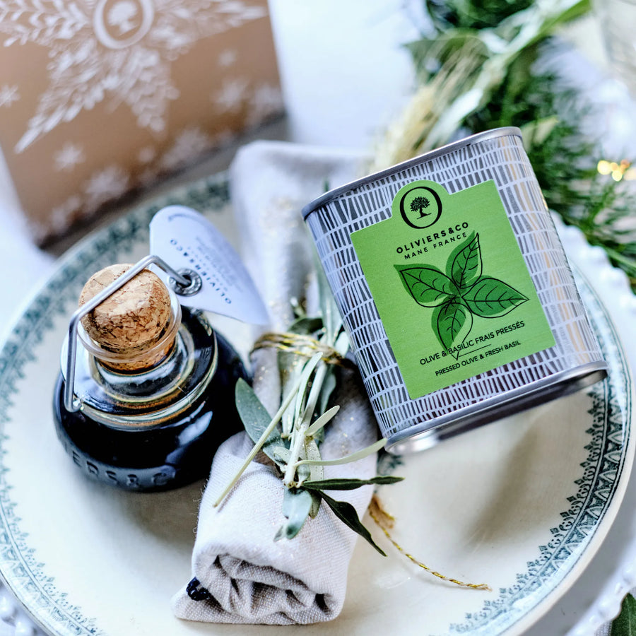 Gaveæske med meli-melo sæt, basilikumolie og lagret balsamico fra Modena, Oliviers & Co