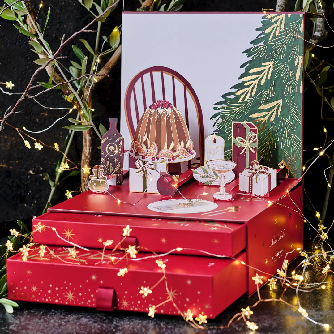 Årets gourmet julekalender, smuk indpakning og 24 gaver fra Oliviers & Co