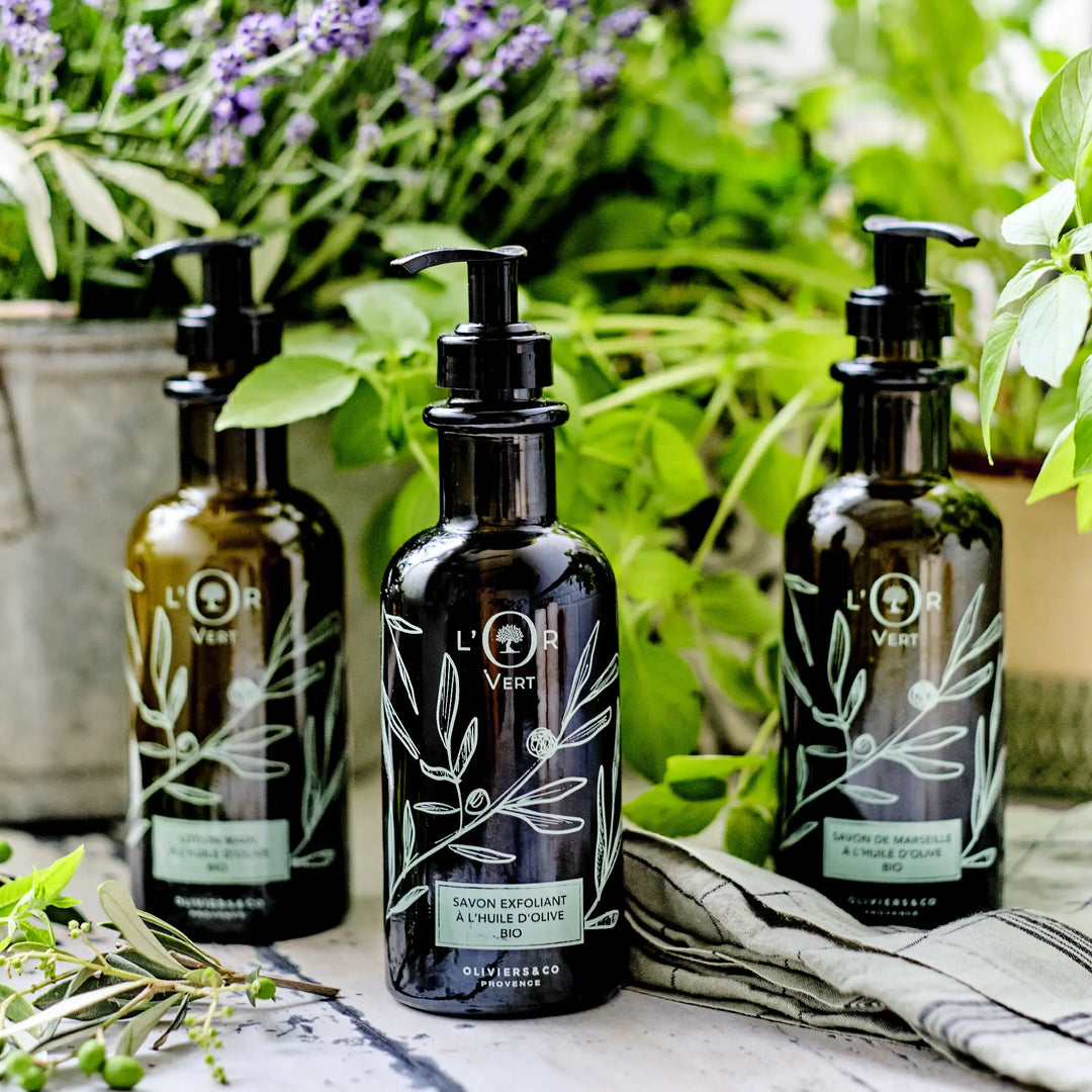 L'Or Verte serien, flydende fransk exfolierende sæbe, flydende sæbe og lotion med olivenolie fra Oliviers & Co
