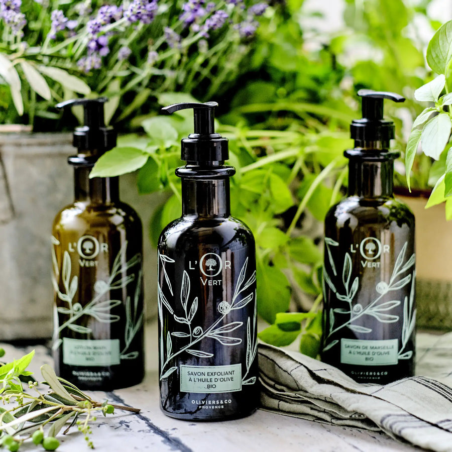 L'Or Verte serien, flydende fransk exfolierende sæbe, flydende sæbe og lotion med olivenolie fra Oliviers & Co