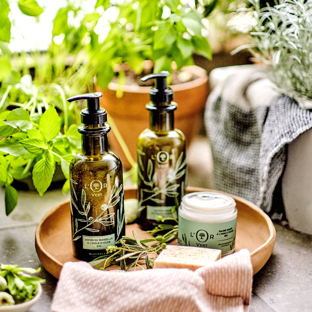 L'Or Verte serien fra Oliviers & Co, flydende fransk håndsæbe, lotion og håndcreme med olivenolie