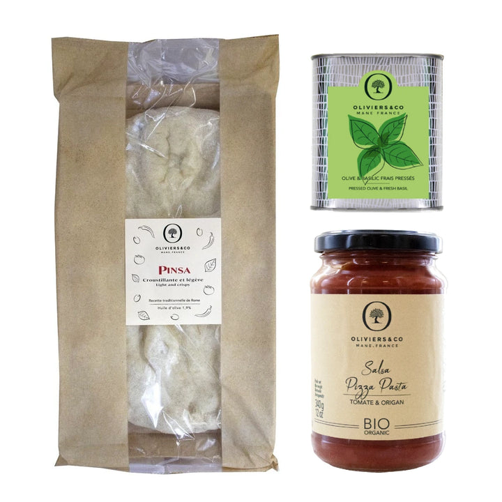 Pinsa, tomatsauce og basilikumolie fra Oliviers & Co