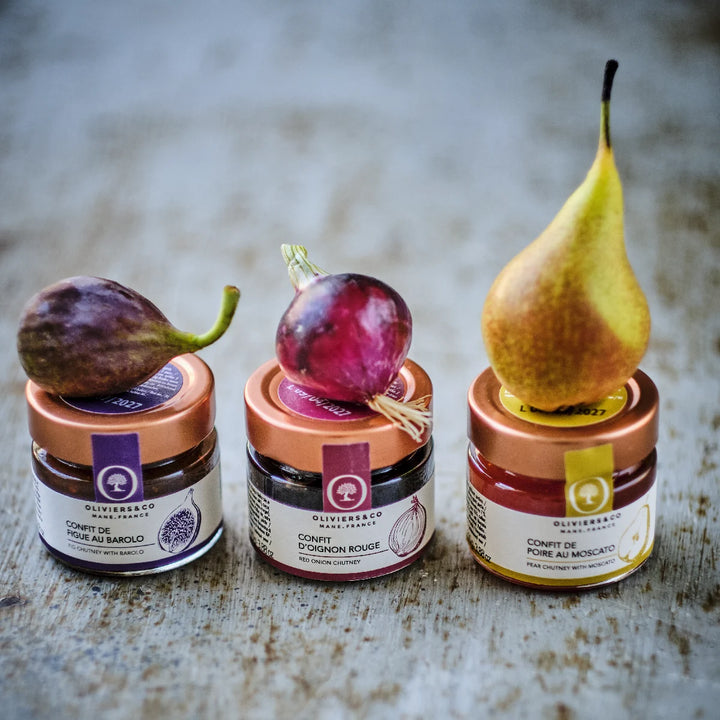 Trio 3 slags confit med figen, rødløg og pære confiteret med vin fra Oliviers & Co