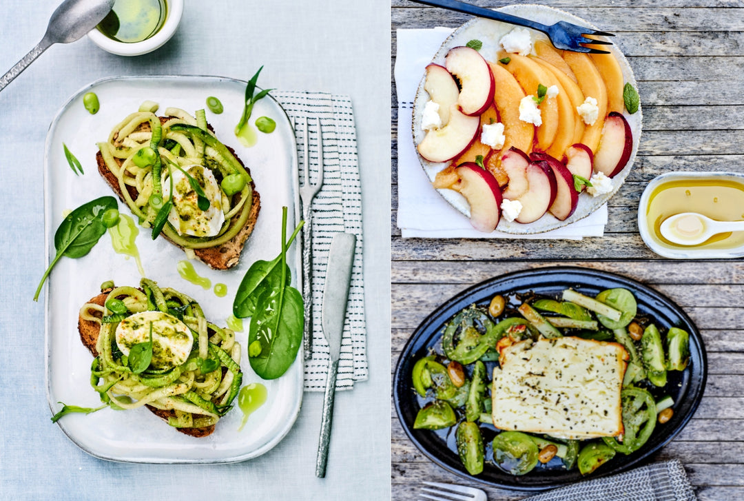 3 lækre opskrifter til sommerbordet: tomatsalat med grillet feta, nektarin og melonsalat og bruschetta med squash