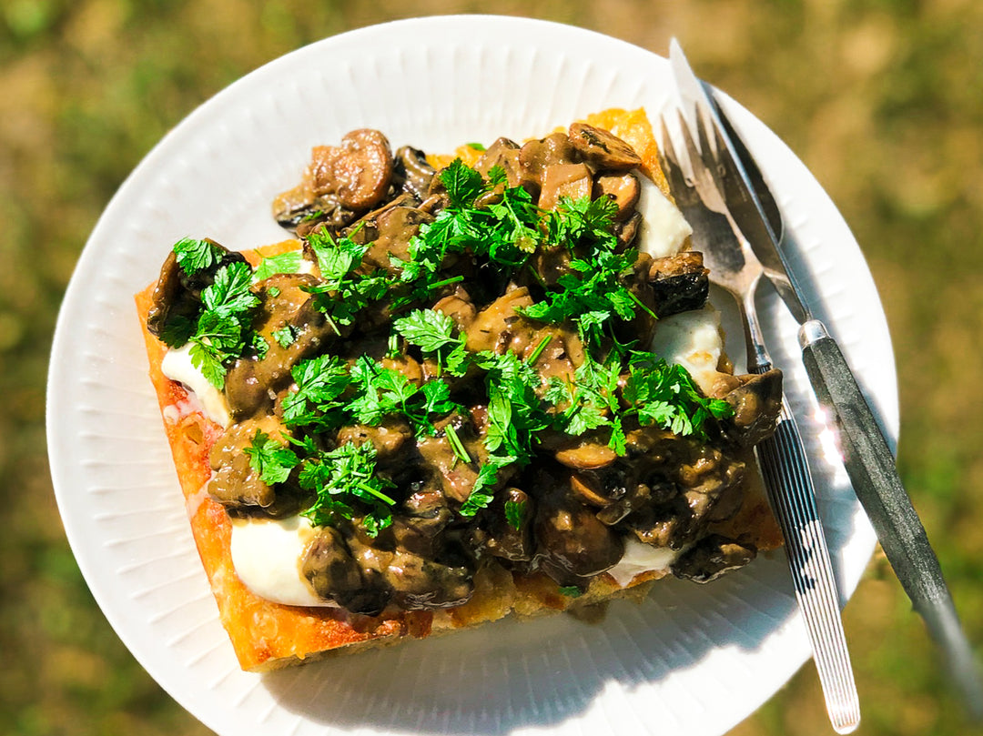 O&CO opskrift svampe à la creme på grillet mozzarella toast