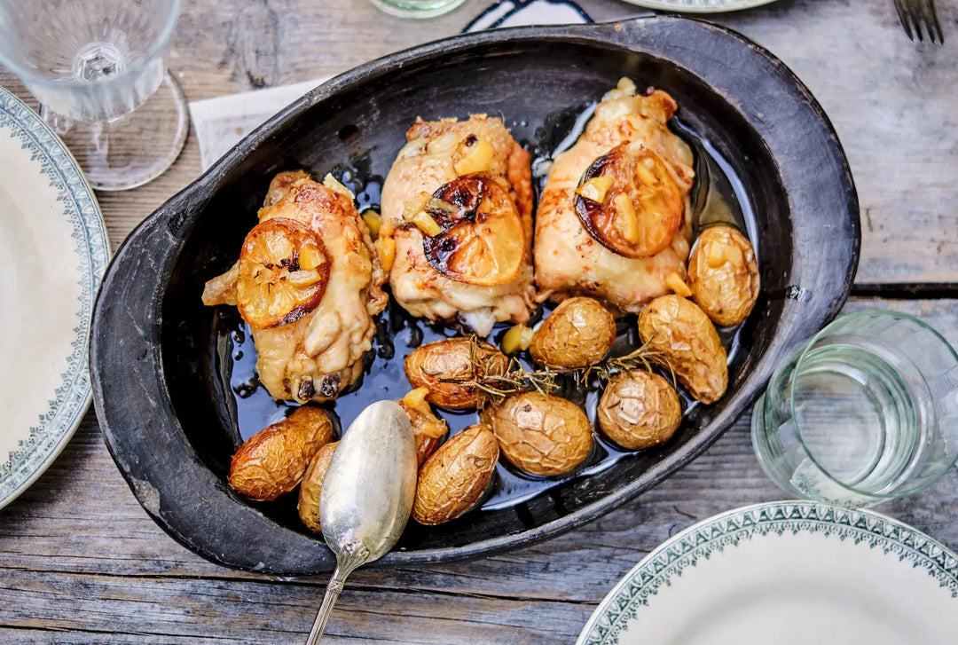 Marineret ovnstegt kylling med saltet citron og kartofler med rosmarin, opskrift, Oliviers & Co