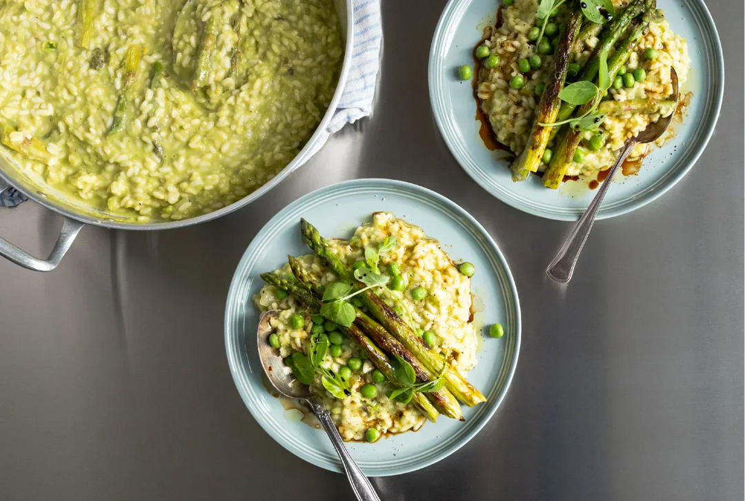 Risotto med ærter, asparges, citronolie og balsamico, opskrift fra amaliesigrid x Oliviers & Co