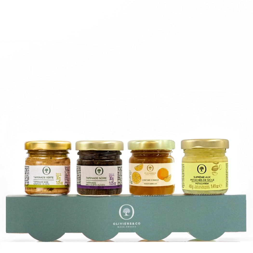 Gaveæske med 4 små miniglas med forkælelser, Oliviers & Co