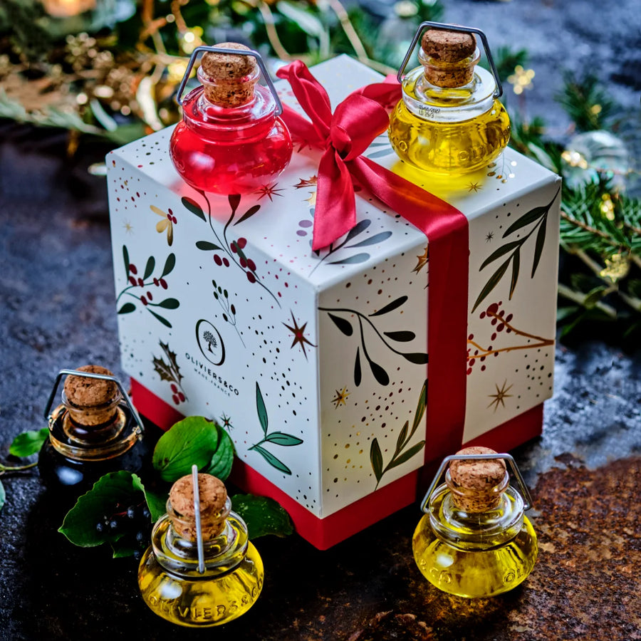 Gave med 5 favoritter i fine flasker, olivenolier, balsamico og eddike, smuk julegave fra Oliviers & Co