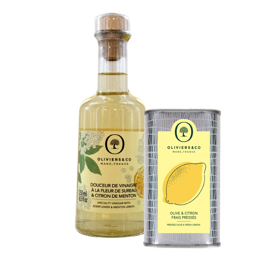Olie eddikesæt citron olivenolie og hyldeblomst citron eddike fra Oliviers & Co