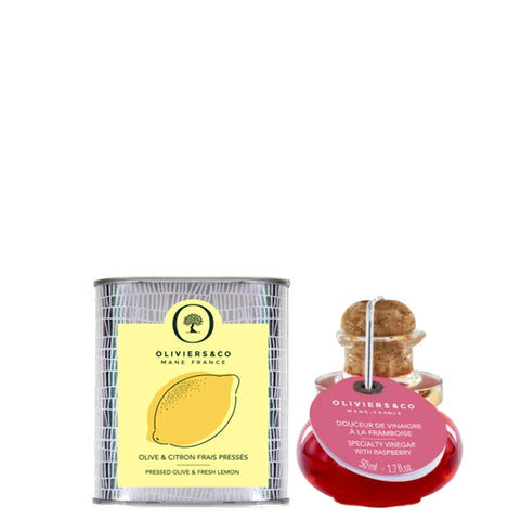 gavesæt med 100ml citronolie og 50 ml hindbæreddike fra Oliviers & Co