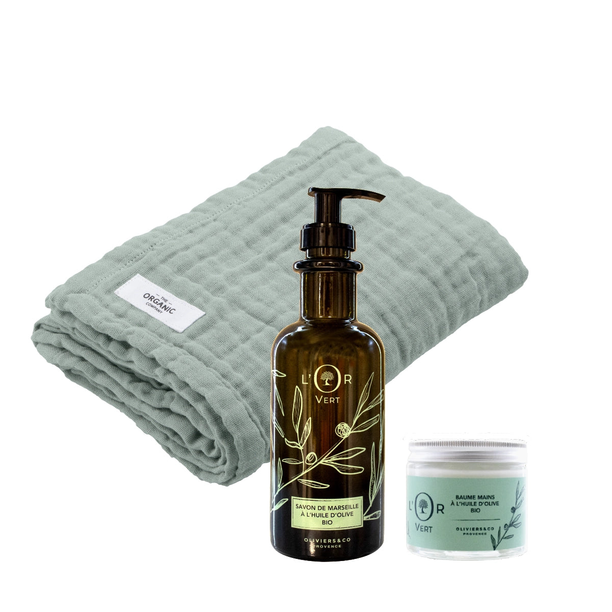 Gavesæt med L'Or Verte flydende sæbe og plejende håndcreme og fint håndklæde fra Organic Company, Oliviers & Co