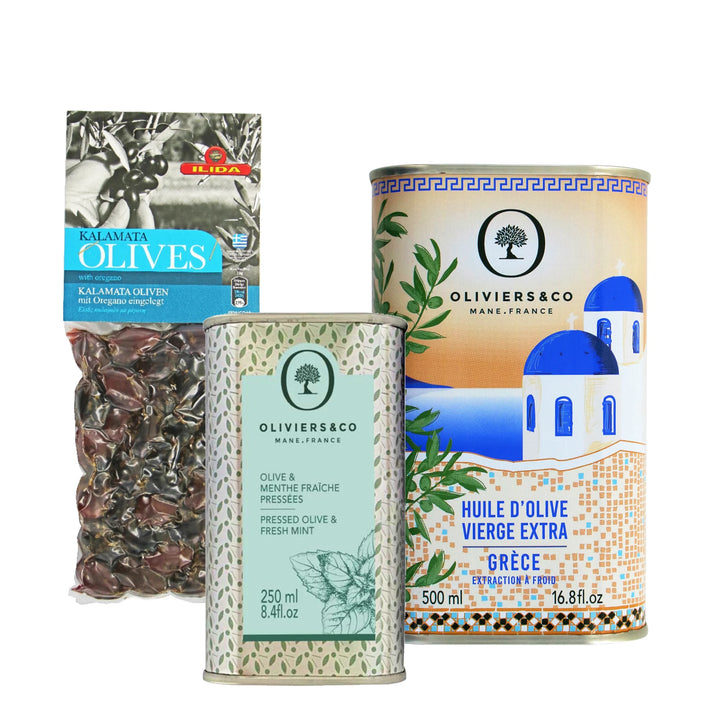Græske favoritter, klassisk græsk olivenolie, mynteolie og kalamata oliven, Oliviers & Co