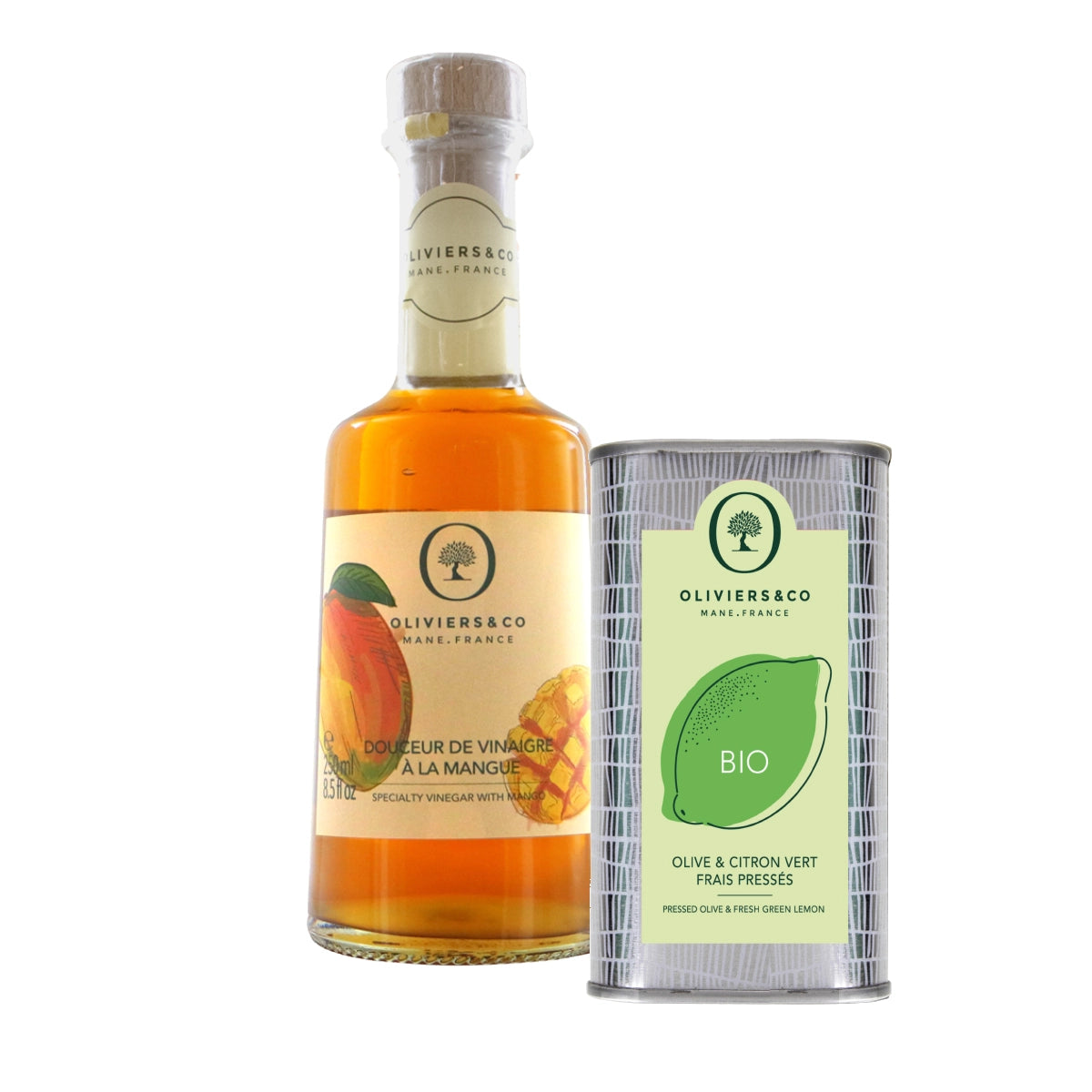 Olie eddikesæt økologisk grøn citronolie 250ml og mangoeddike 250ml, Oliviers & Co