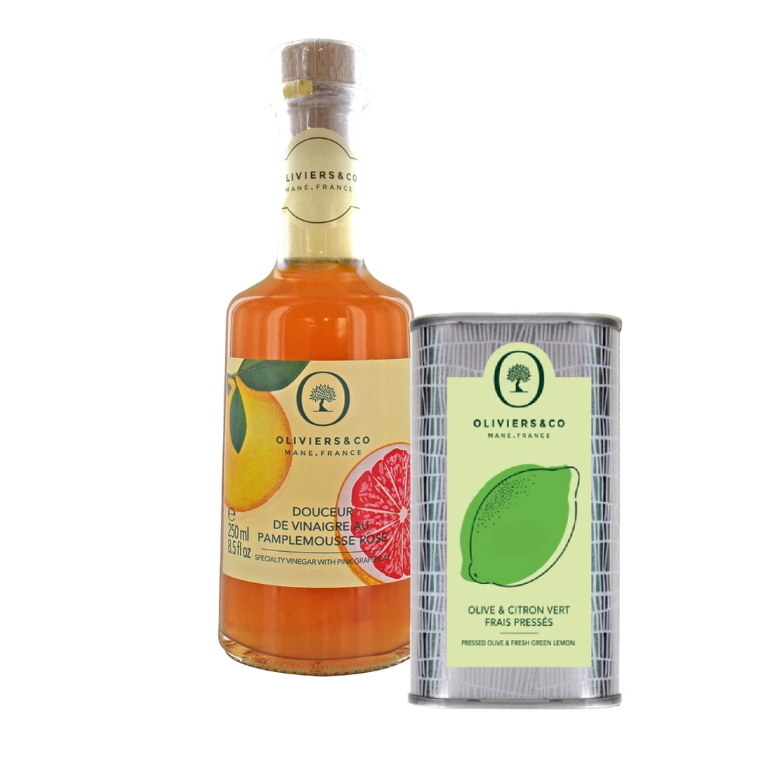 Olie eddikesæt med grøn citronolie 250ml og pink grapefrugteddike fra Oliviers & Co