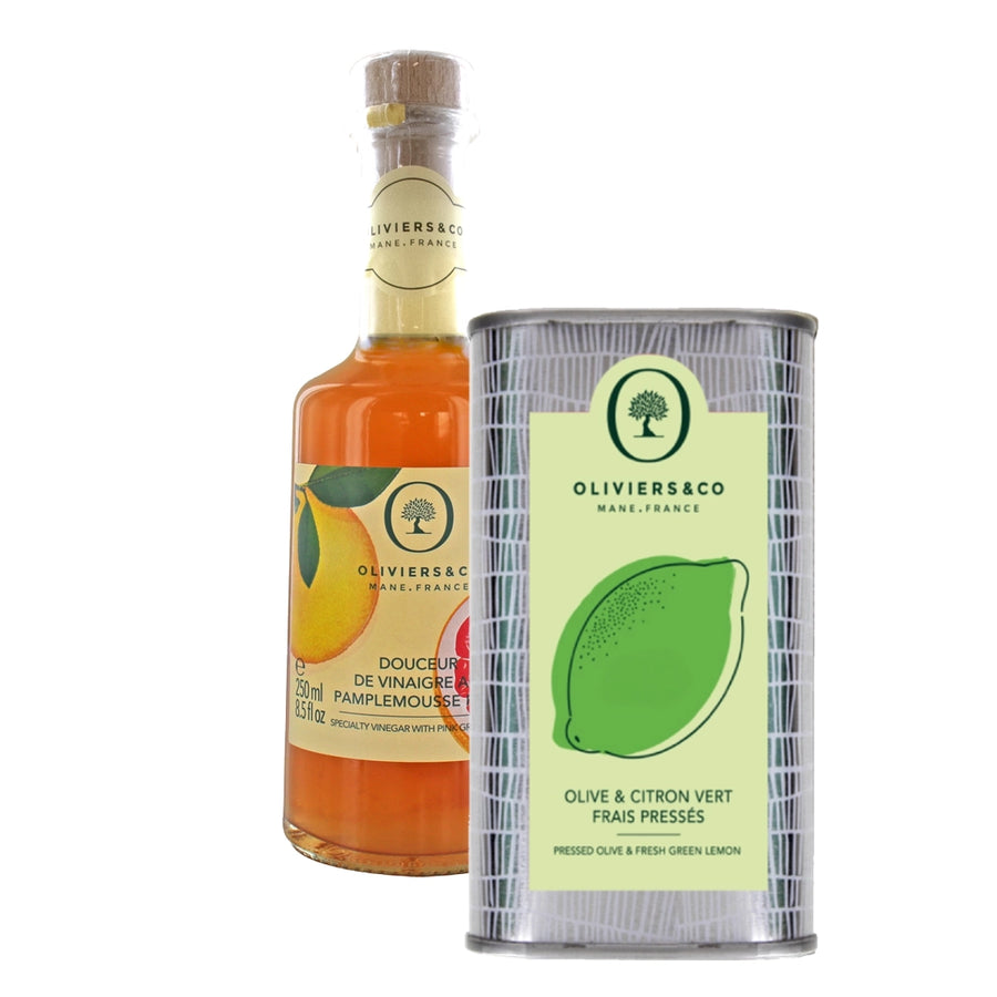 Olie eddike sæt med grøn citronolie 500ml og pink grapefrugteddike fra Oliviers & Co