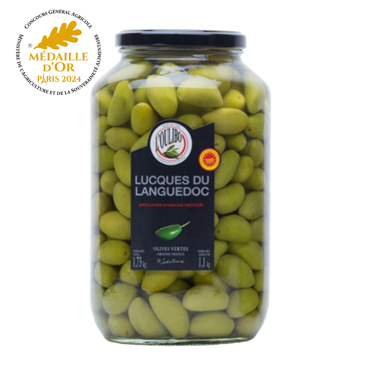 Grønne oliven Lucques du Languedoc 1.100g, Oliviers & Co