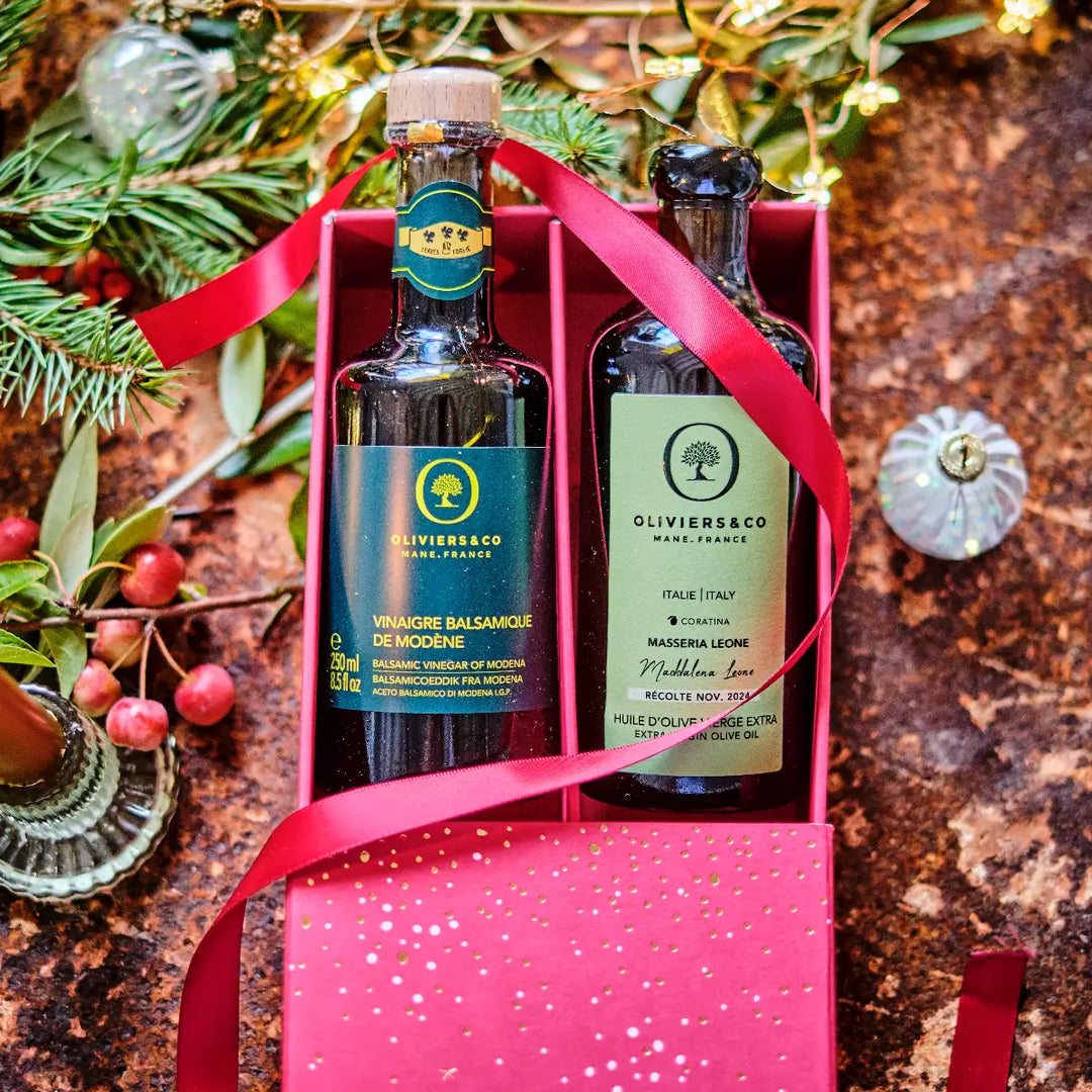 Italiensk gourmet gaveæske med ekstra jomfru olivenolie og balsamico, julegave fra Oliviers & Co