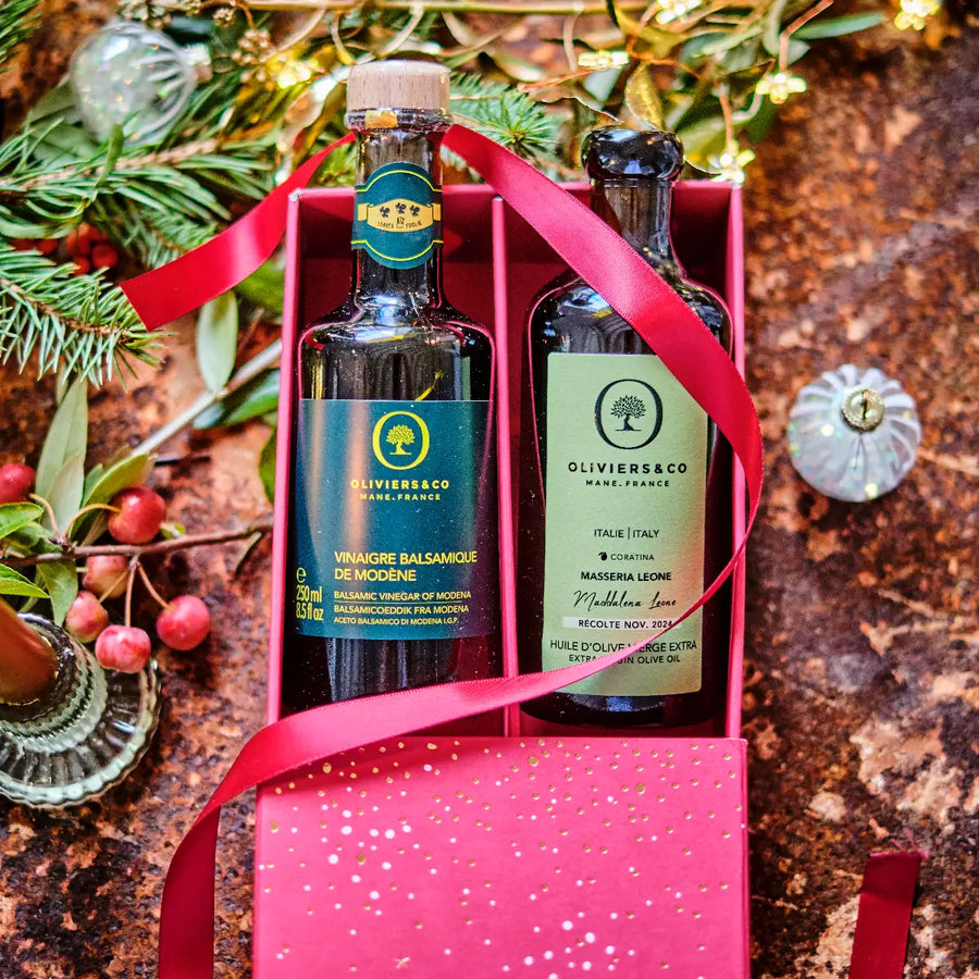 Italiensk gourmet gaveæske med ekstra jomfru olivenolie og balsamico, julegave fra Oliviers & Co