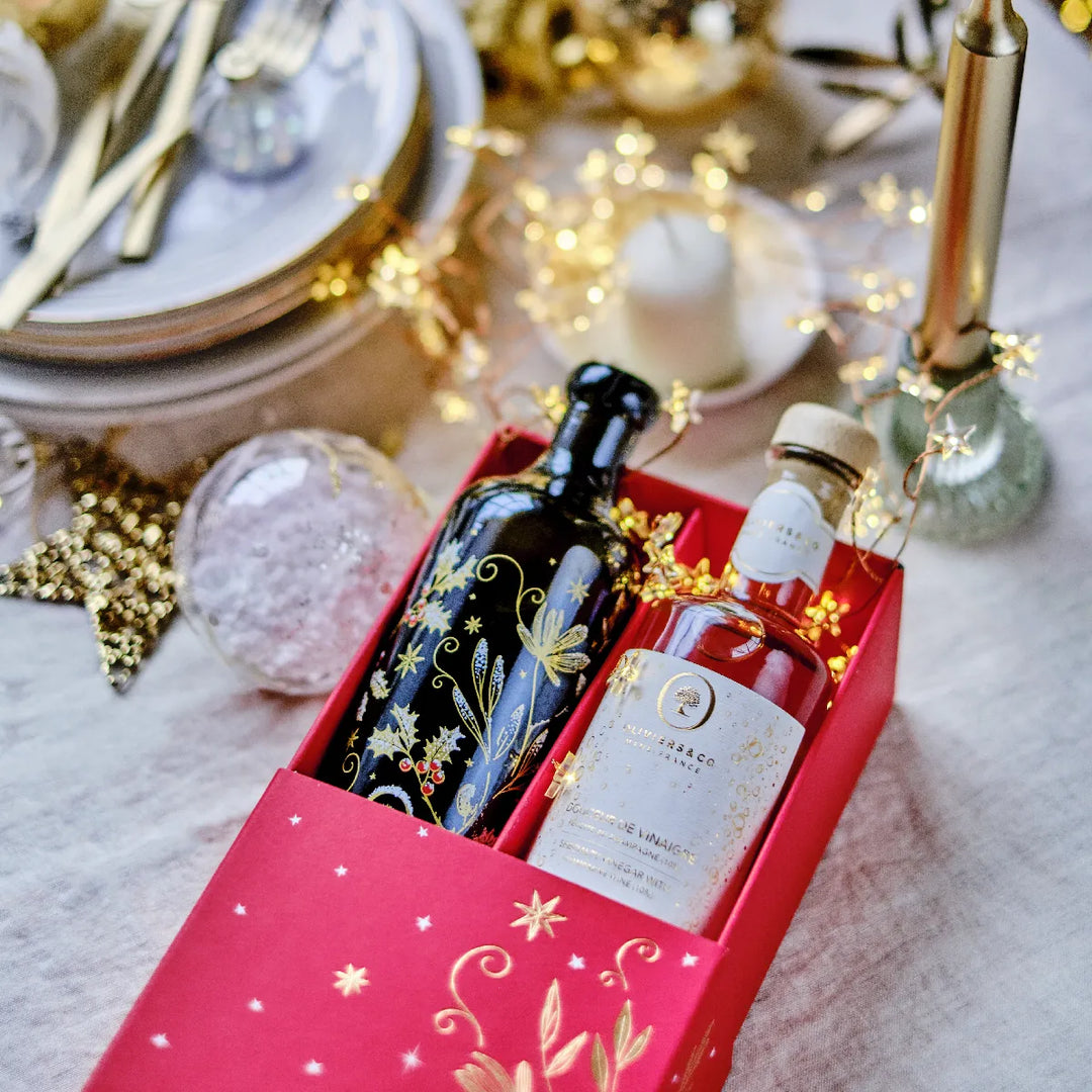 Juleduo gaveæske med limited edition jule olivenolie og champagne eddike fra Oliviers & Co