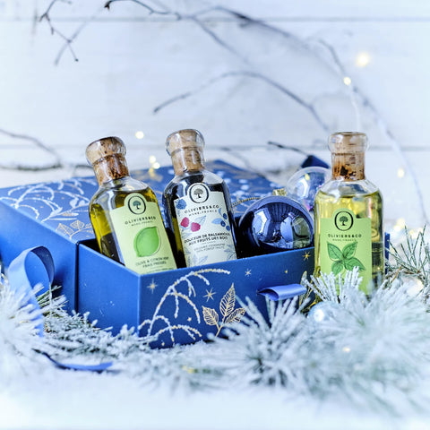 Julegave med 3x100ml basilikumolie, limeolie og skovbærbalsamico fra Oliviers & Co