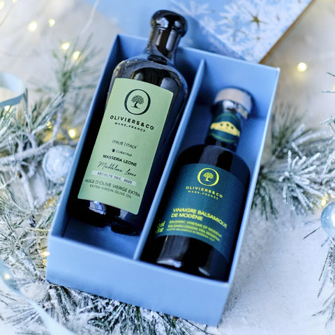 Italiensk olie-eddikesæt i julegaveæske, Masseria Leone ekstra jomfru olivenolie og balsamico fra Modena, Oliviers & Co