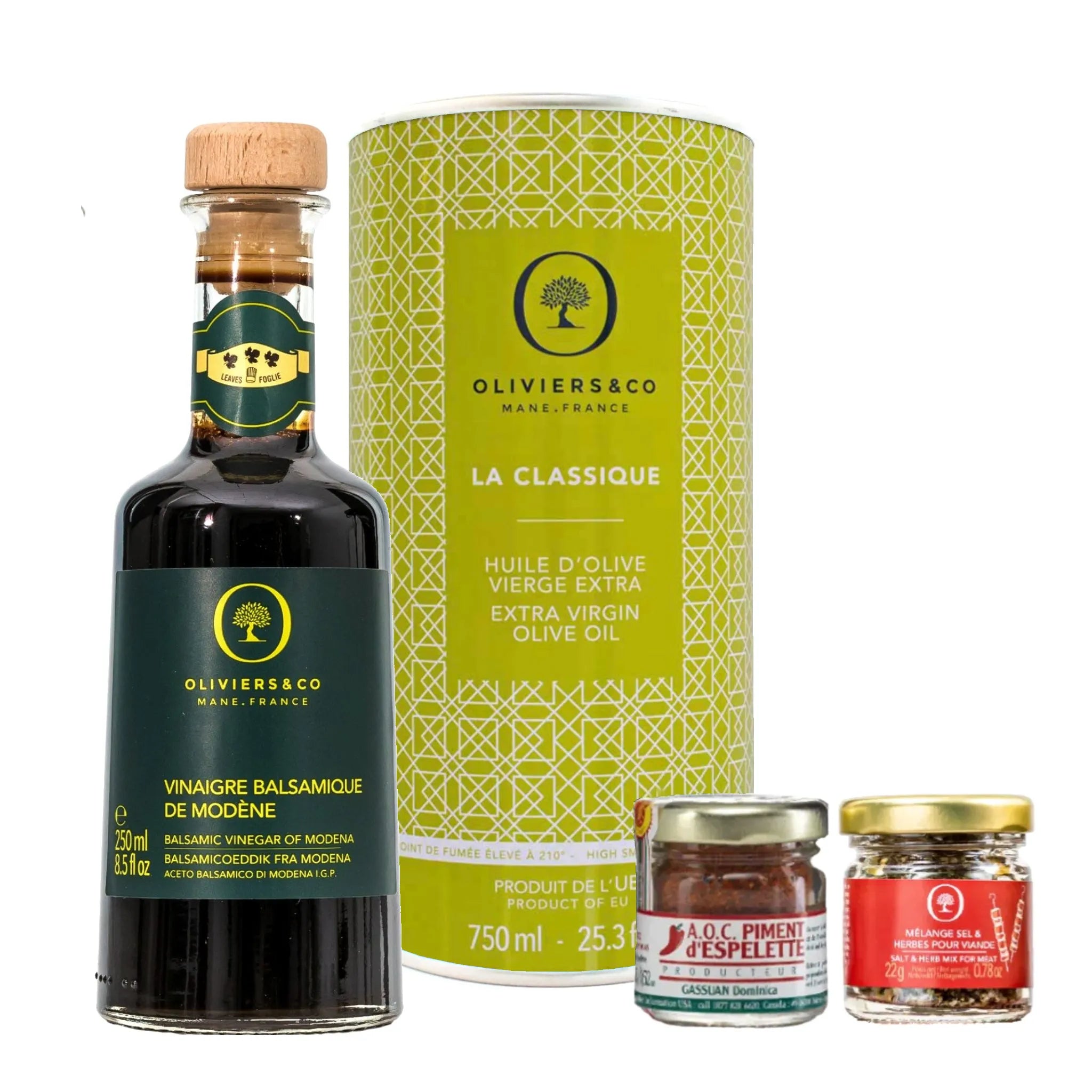 Kød grill master kit med olivenolie, balsamico, piment d'espelette og kryddersalt fra Oliviers & Co