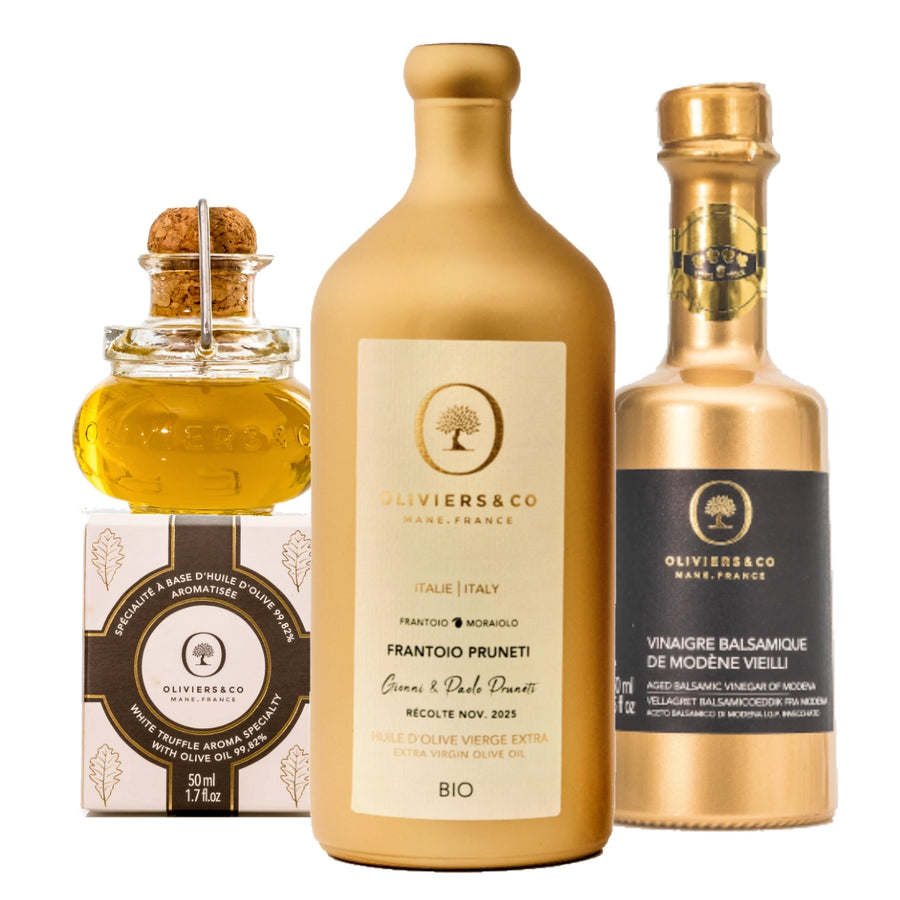Luksus gourmet sæt med toscansk olivenolie, guldbalsamico og trøffelolie, Oliviers & Co