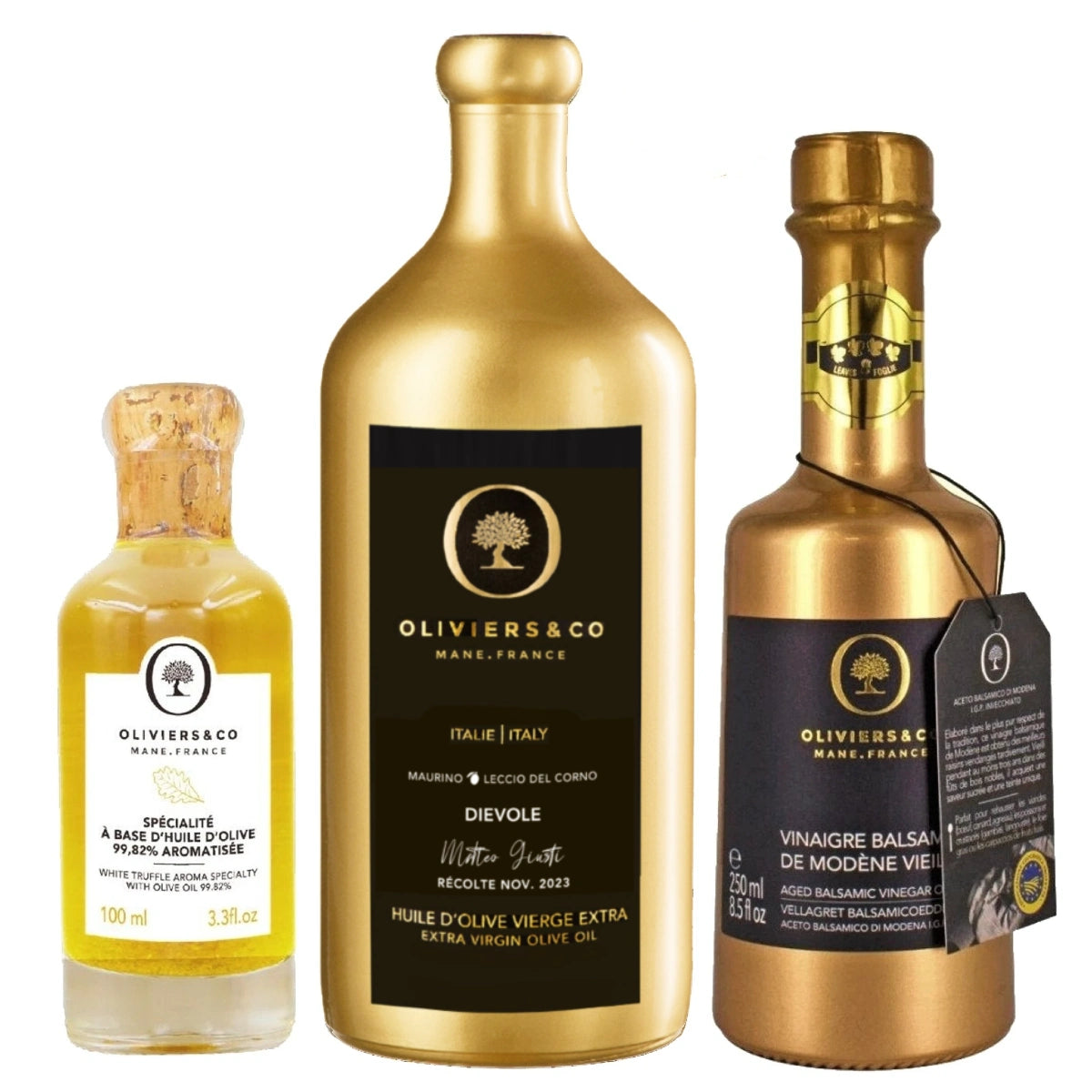 Luksus gourmet sæt med italiensk ekstra jomfru olivenolie, guldbalsamico og hvid trøffelolie fra Oliviers & Co