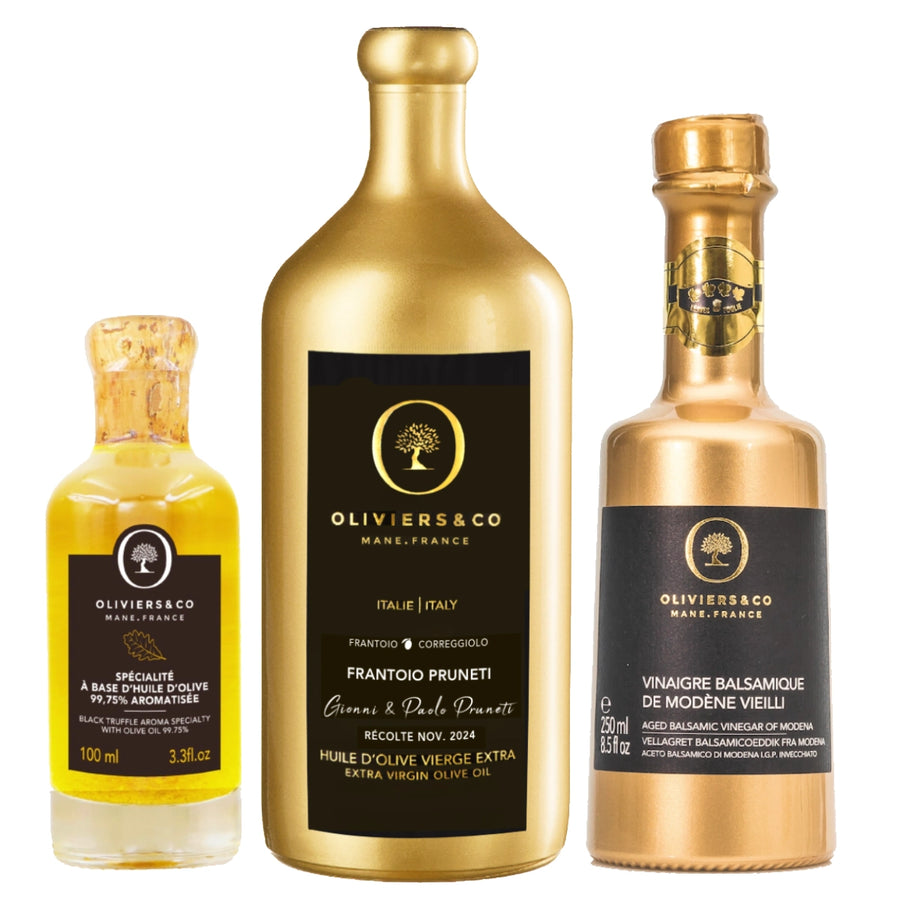 Luksus gourmet sæt med toscansk olivenolie, guldbalsamico og trøffelolie, Oliviers & Co