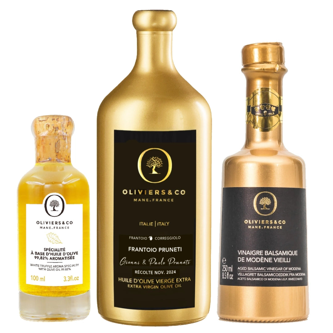 Luksus gourmet sæt med toscansk olivenolie, guldbalsamico og trøffelolie, Oliviers & Co