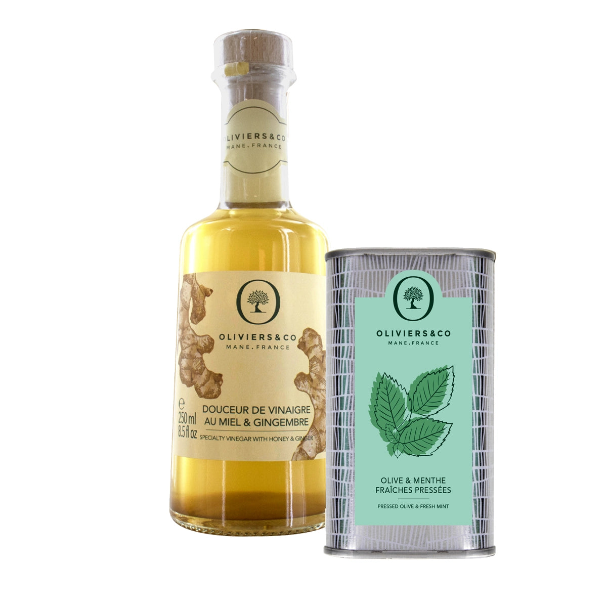 Olie & eddikesæt olivenolie med mynte 250ml, honning-ingefæreddike, 250ml, Oliviers & Co
