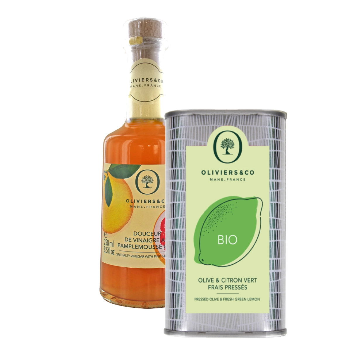 Olie eddike sæt med øko grøn citronolie 500ml og pink grapefrugteddike fra Oliviers & Co