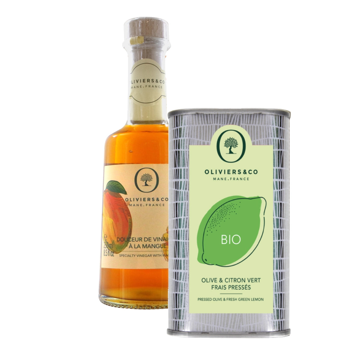 Olie & eddikesæt, økologisk grøn citronolie 500ml, mangoeddike 250ml, Oliviers & Co