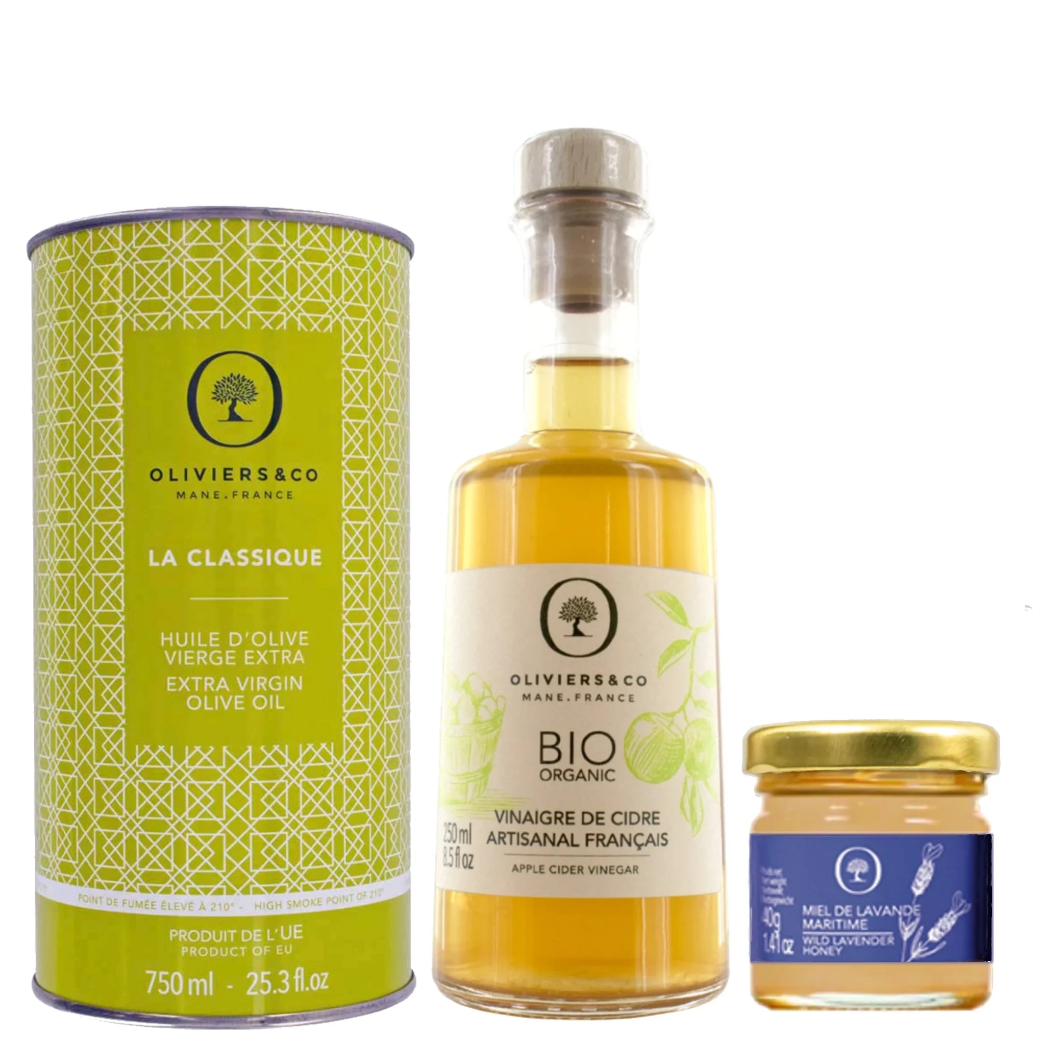 Olie & eddikesæt la classique ekstra jomfru olivenolie, fransk æblecidereddike og vild lavendelhonning fra Oliviers & Co