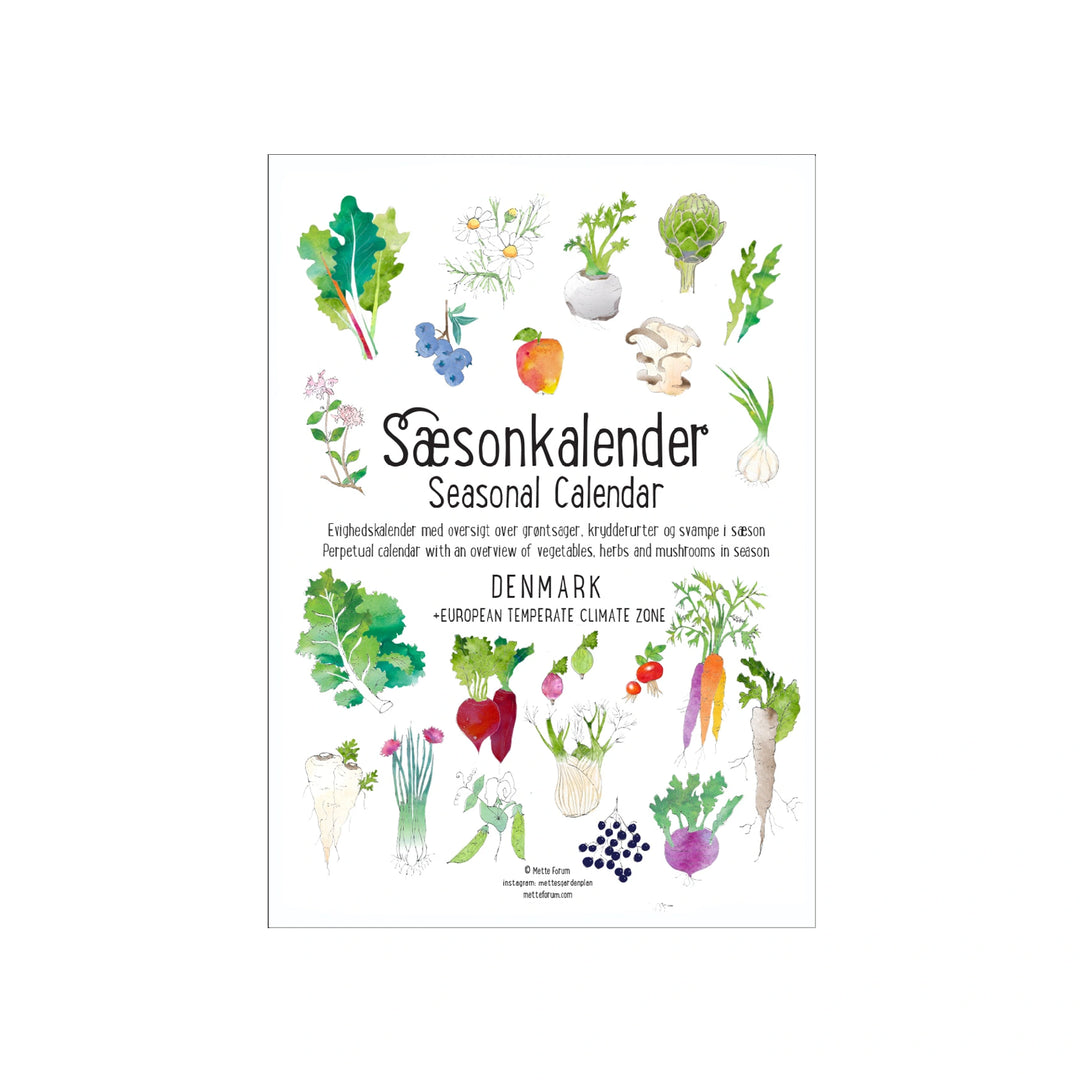 Sæsonkalender seasonal calendar, evighedskalender med danske grøntsager, fruger, urter, svampe og spiselige blomster, 3. oplag, Mette Forum, Oliviers & Co