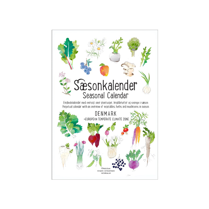 Sæsonkalender seasonal calendar, evighedskalender med danske grøntsager, fruger, urter, svampe og spiselige blomster, 3. oplag, Mette Forum, Oliviers & Co