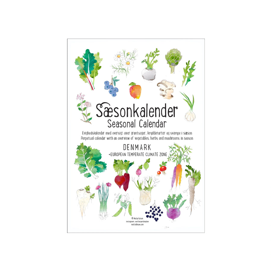 Sæsonkalender seasonal calendar, evighedskalender med danske grøntsager, fruger, urter, svampe og spiselige blomster, 3. oplag, Mette Forum, Oliviers & Co