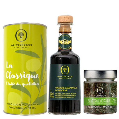 Stort basissæt med ekstra jomfru olivenolie, balsamico og kryddersalt til hverdagens madlavning fra Oliviers & Co