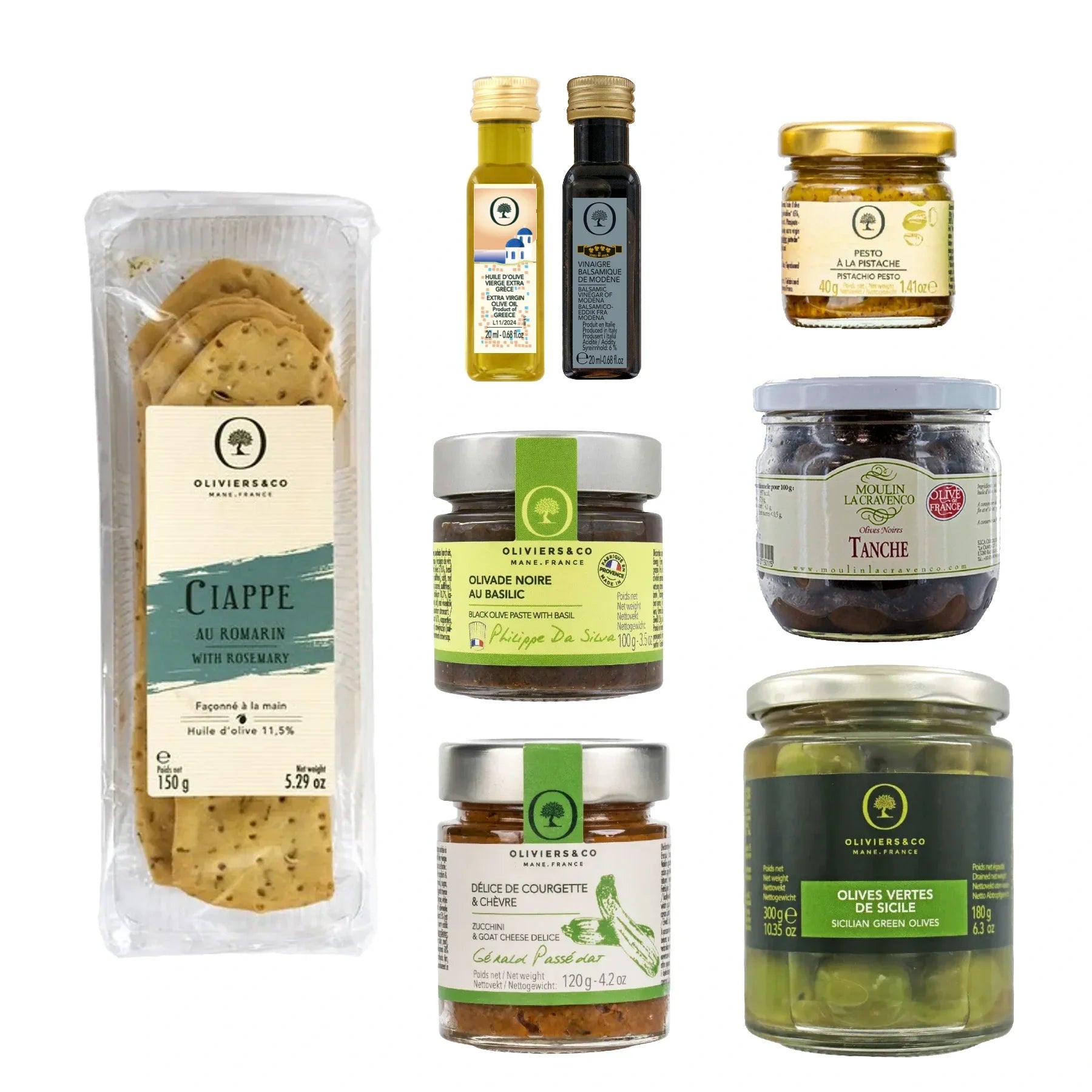 Tapas delikatesser, den eksklusive, kit med kiks, pesto, tapenade, delice, 2 slags oliven, olivenolie og balsamico fra Oliviers & Co