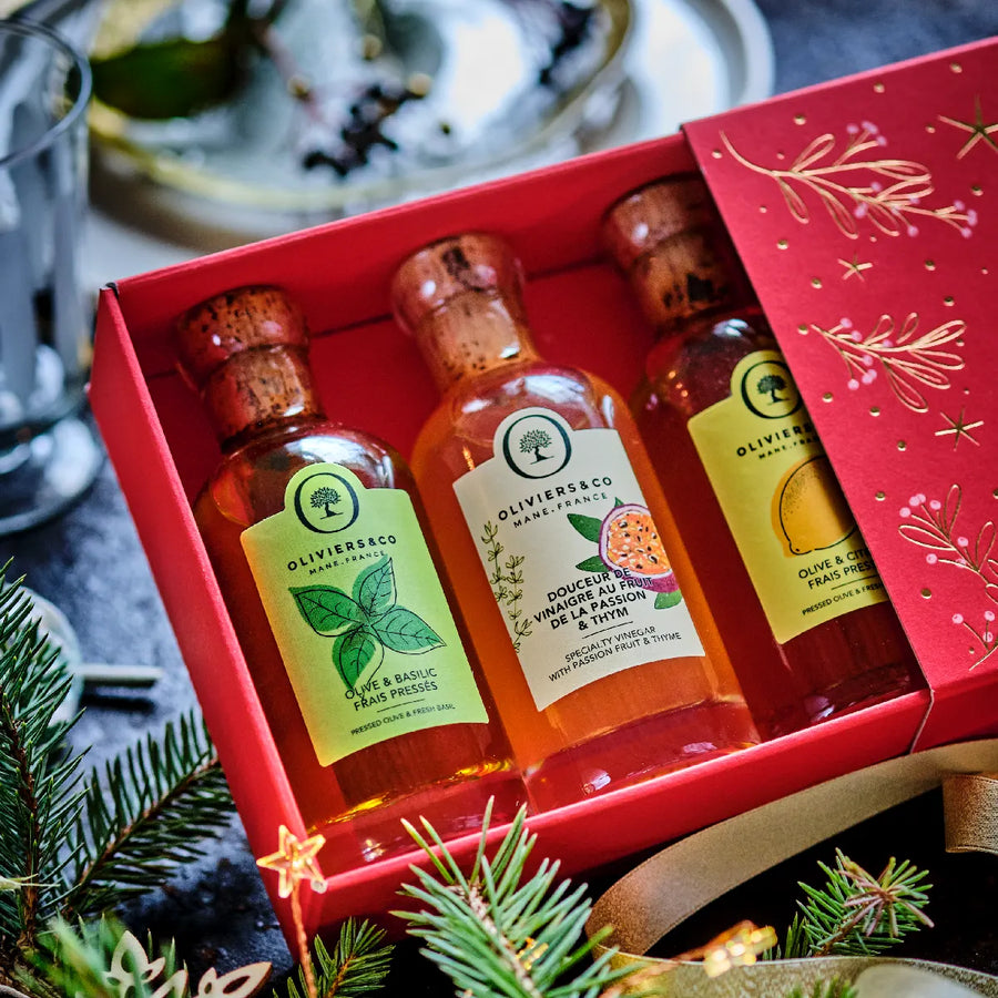 Vintertrio julegave med basilikumolie, citronolie og passionsfrugteddike fra Oliviers & Co