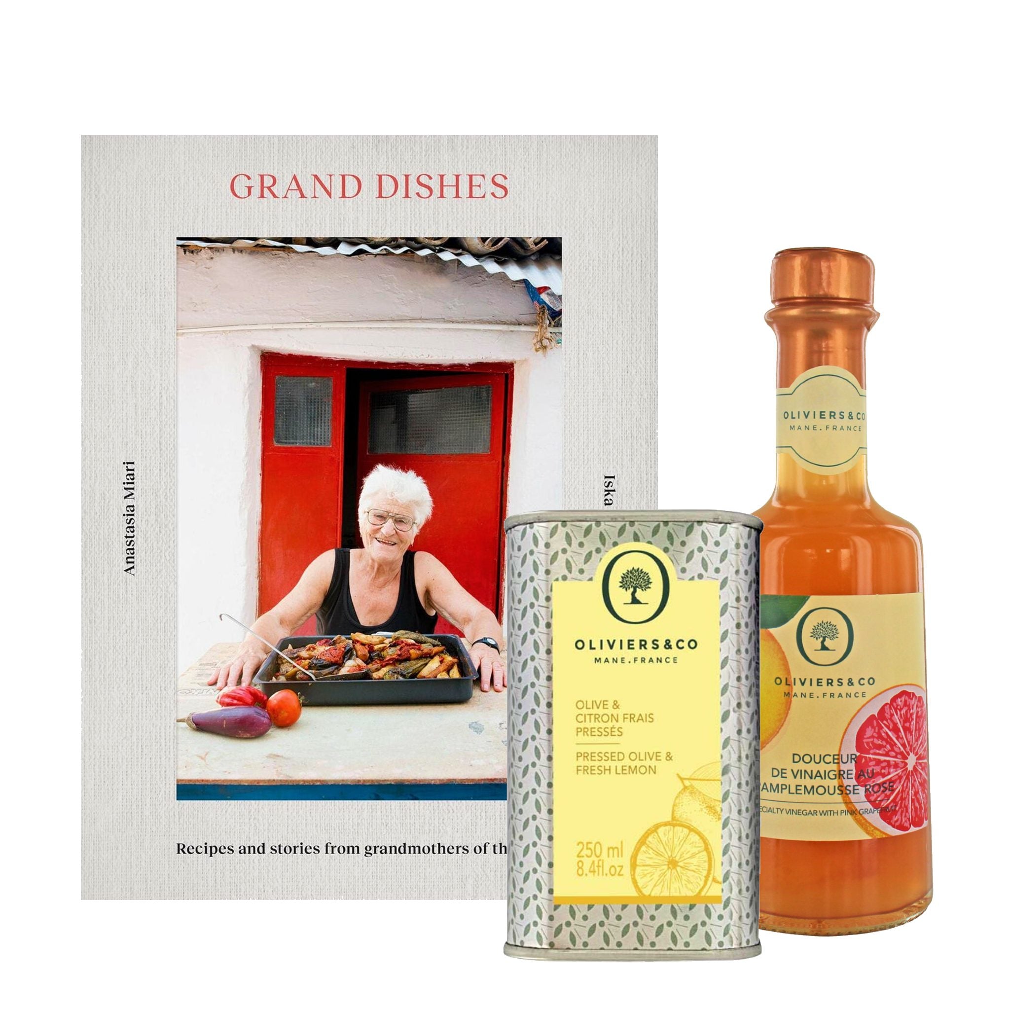 Gavesæt med kogebog Grand Dishes, 250ml citronolie og pink grapeeddike fra Oliviers & Co