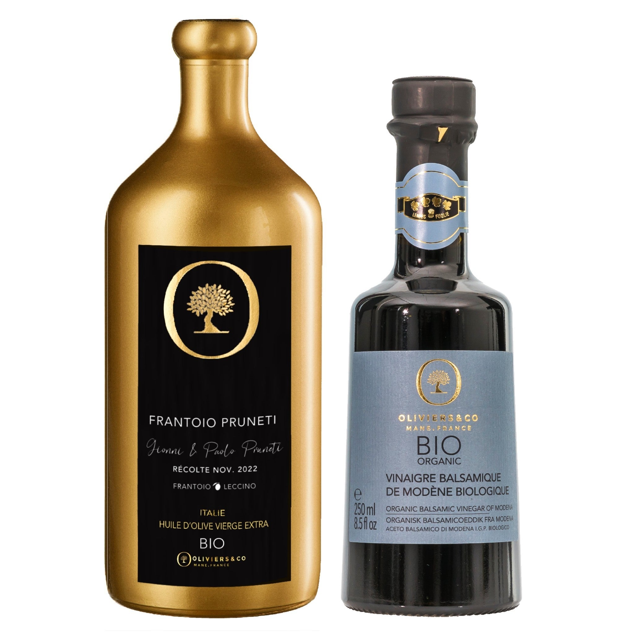Økologisk italiensk olie eddike sæt frantoio pruneti ekstra jomfru olivenolie og lagret balsamico fra Modena, Oliviers & Co